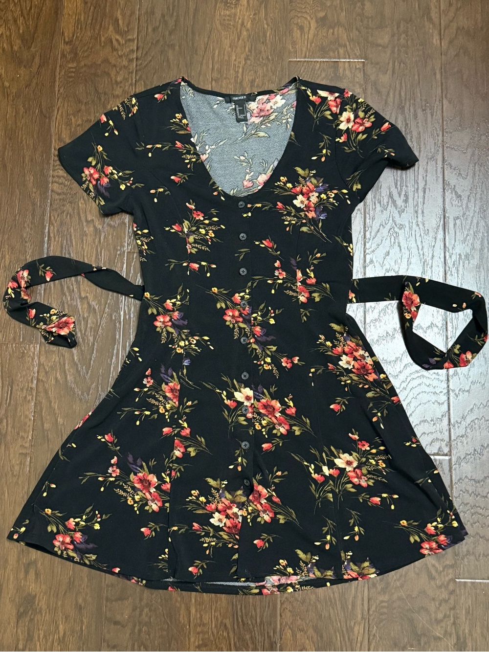 Forever 21 Black Floral Mini Dress with Red & Yellow & Purple Blooms